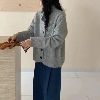 Kardigan sa stojećim ovratnikom, korejski stil, debelo pleteno, dugi rukavi, poliester tkanina