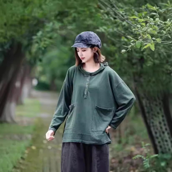 Памучен пуловер с качулка, свободна кройка, дълги ръкави, ретро стил, средна дължина