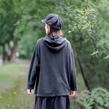 Памучен пуловер с качулка, свободна кройка, дълги ръкави, ретро стил, средна дължина