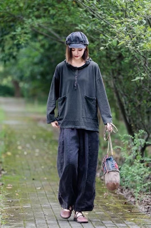 Памучен пуловер с качулка, свободна кройка, дълги ръкави, ретро стил, средна дължина