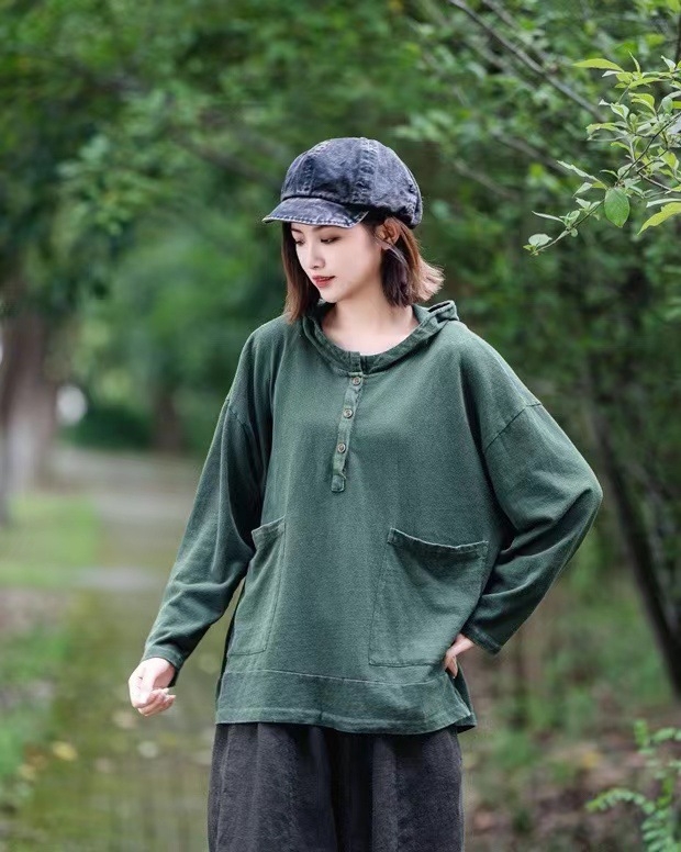 Памучен пуловер с качулка, свободна кройка, дълги ръкави, ретро стил, средна дължина