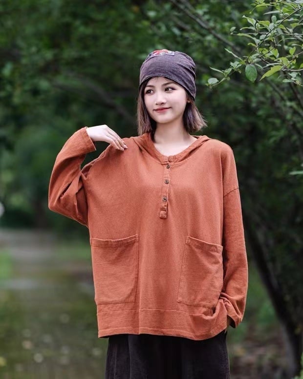 Памучен пуловер с качулка, свободна кройка, дълги ръкави, ретро стил, средна дължина