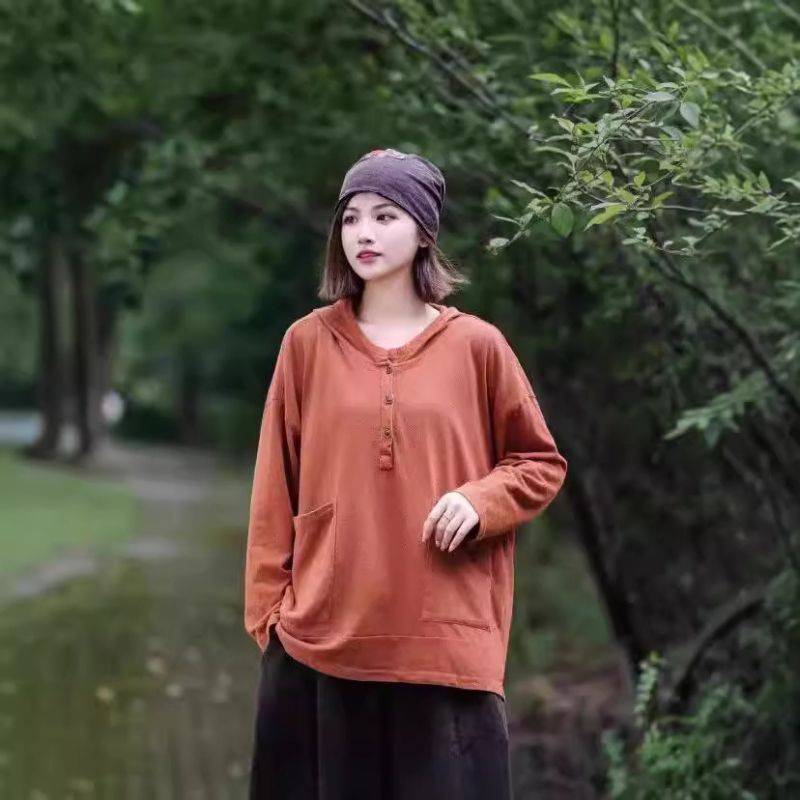 Памучен пуловер с качулка, свободна кройка, дълги ръкави, ретро стил, средна дължина