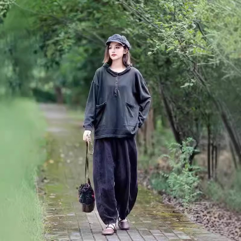 Памучен пуловер с качулка, свободна кройка, дълги ръкави, ретро стил, средна дължина