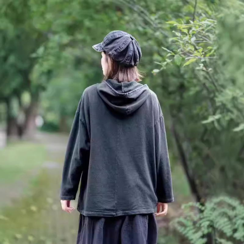 Памучен пуловер с качулка, свободна кройка, дълги ръкави, ретро стил, средна дължина