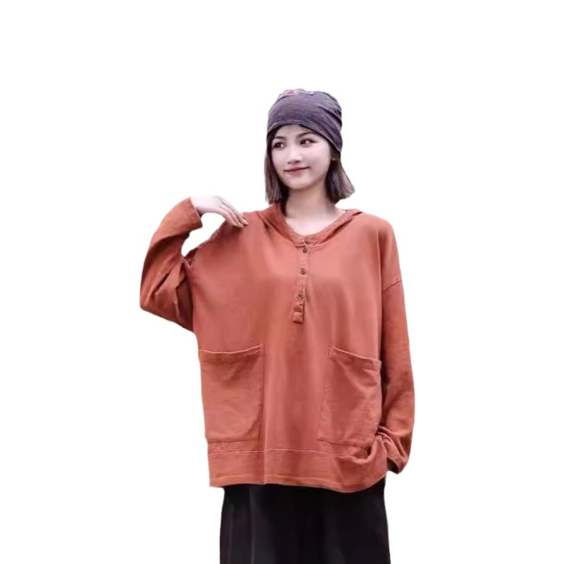 Памучен пуловер с качулка, свободна кройка, дълги ръкави, ретро стил, средна дължина