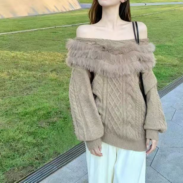 Плетен суитшърд с качулка и пухена яка - свободен силует, средна дължина, дълги ръкави, полиестер 70–80%, за жени