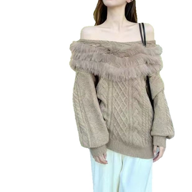 Плетен суитшърд с качулка и пухена яка - свободен силует, средна дължина, дълги ръкави, полиестер 70–80%, за жени