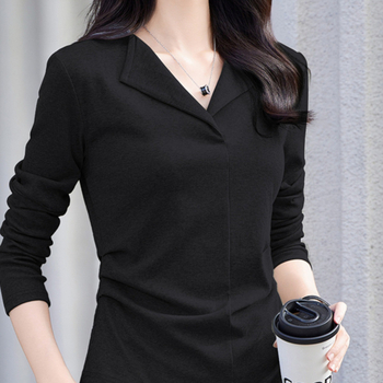 женска едноцветна тениска с лацетна яка и дълги ръкави, вискоза-еластанова смес, тясна кройка, средна дължина 50–65 см, есен 2025