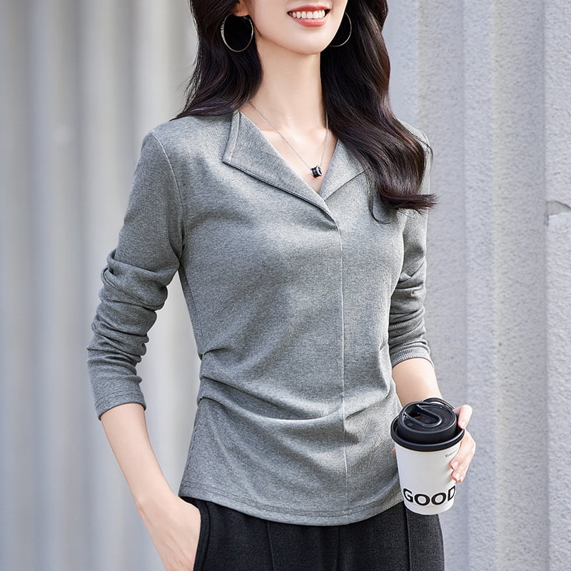 женска едноцветна тениска с лацетна яка и дълги ръкави, вискоза-еластанова смес, тясна кройка, средна дължина 50–65 см, есен 2025