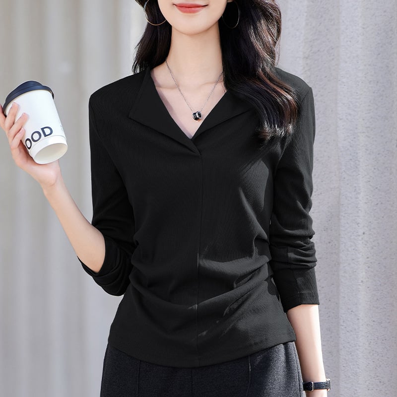 женска едноцветна тениска с лацетна яка и дълги ръкави, вискоза-еластанова смес, тясна кройка, средна дължина 50–65 см, есен 2025