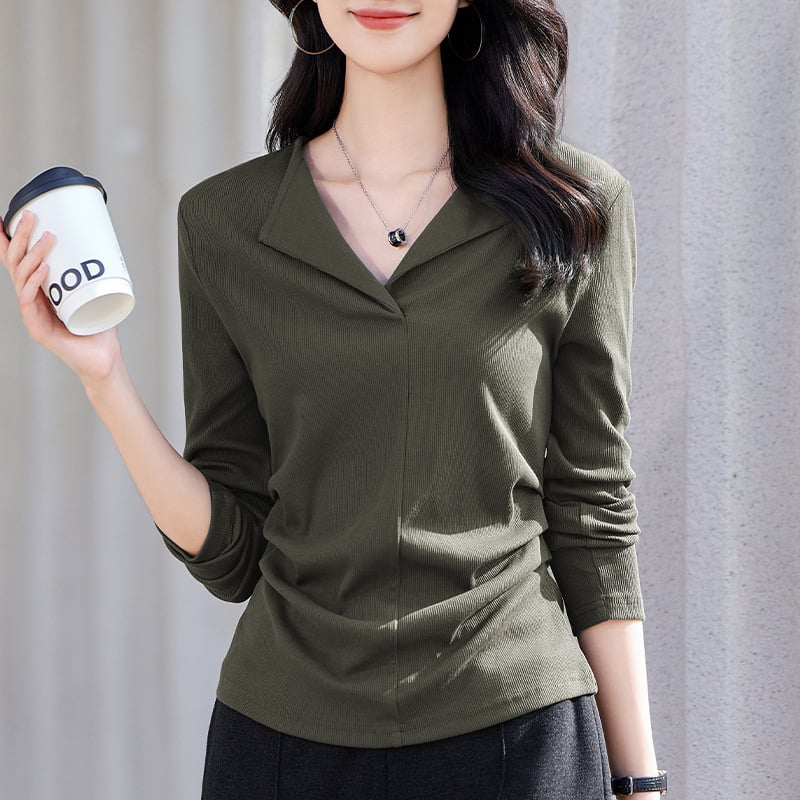 женска едноцветна тениска с лацетна яка и дълги ръкави, вискоза-еластанова смес, тясна кройка, средна дължина 50–65 см, есен 2025