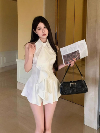 Безръкав топ с поло яка и рюши, едноцветен полиестер, свободен силует, стандартна дължина 50–65 см, пролет 2025