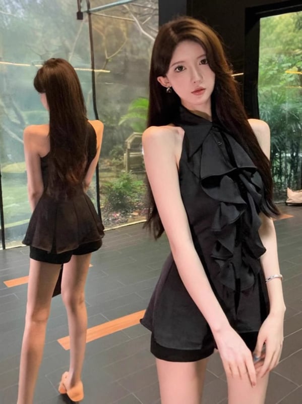 Безръкав топ с поло яка и рюши, едноцветен полиестер, свободен силует, стандартна дължина 50–65 см, пролет 2025