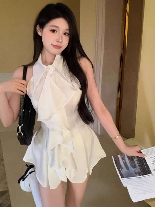 Безръкав топ с поло яка и рюши, едноцветен полиестер, свободен силует, стандартна дължина 50–65 см, пролет 2025