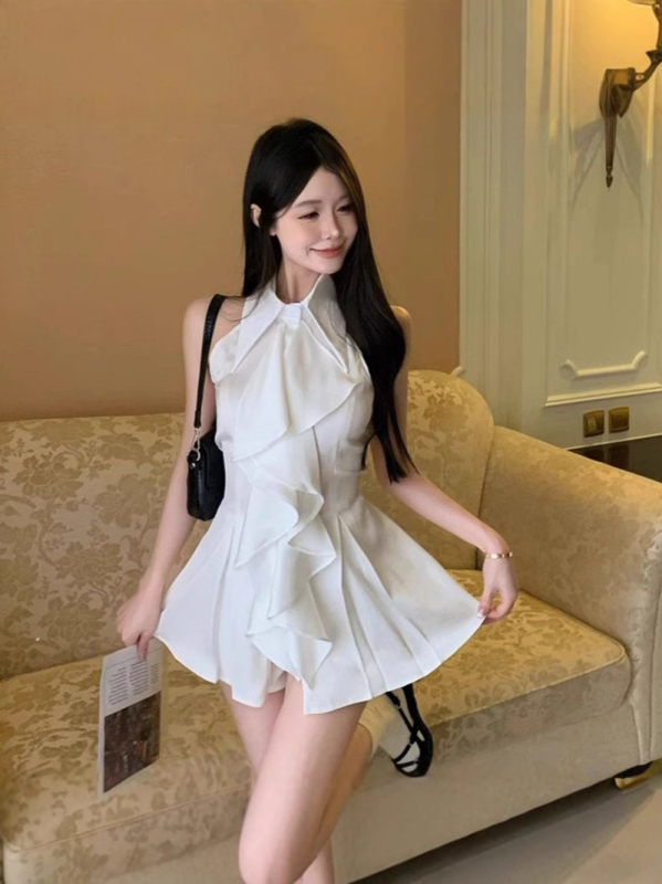 Безръкав топ с поло яка и рюши, едноцветен полиестер, свободен силует, стандартна дължина 50–65 см, пролет 2025