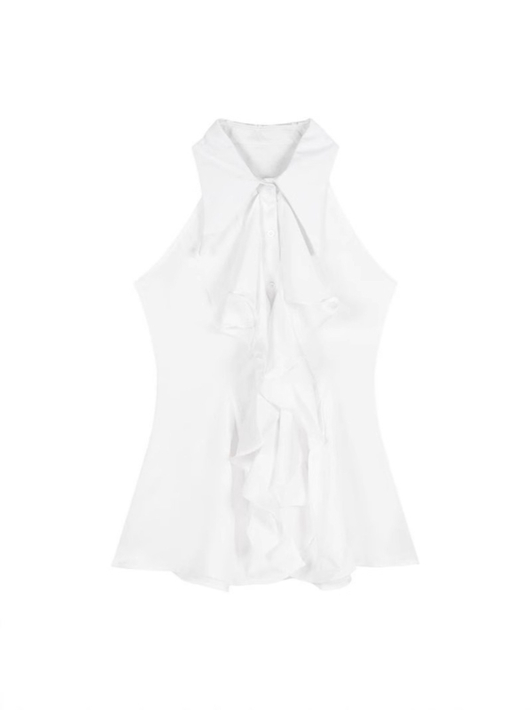 Безръкав топ с поло яка и рюши, едноцветен полиестер, свободен силует, стандартна дължина 50–65 см, пролет 2025