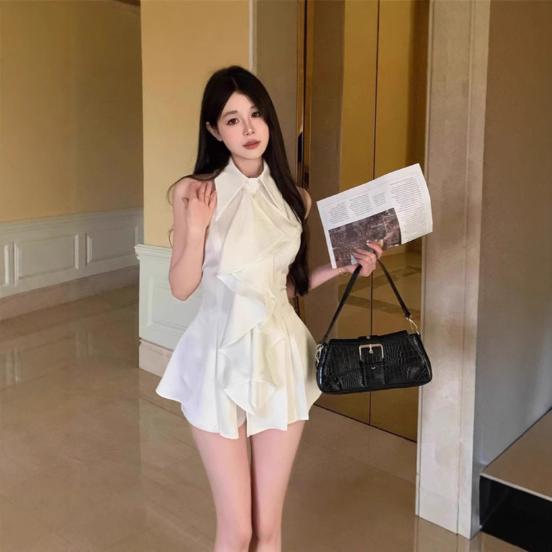 Безръкав топ с поло яка и рюши, едноцветен полиестер, свободен силует, стандартна дължина 50–65 см, пролет 2025