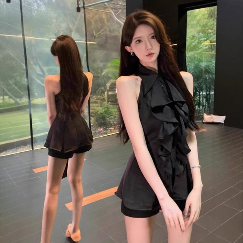 Безръкав топ с поло яка и рюши, едноцветен полиестер, свободен силует, стандартна дължина 50–65 см, пролет 2025