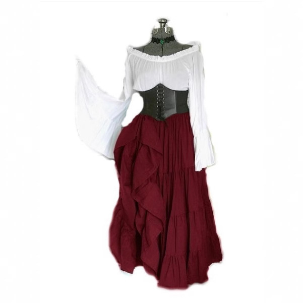 Rochie femei Renastere/Medieval, mâneci lungi clopot, fustă plisată, talie înaltă, lungime midi