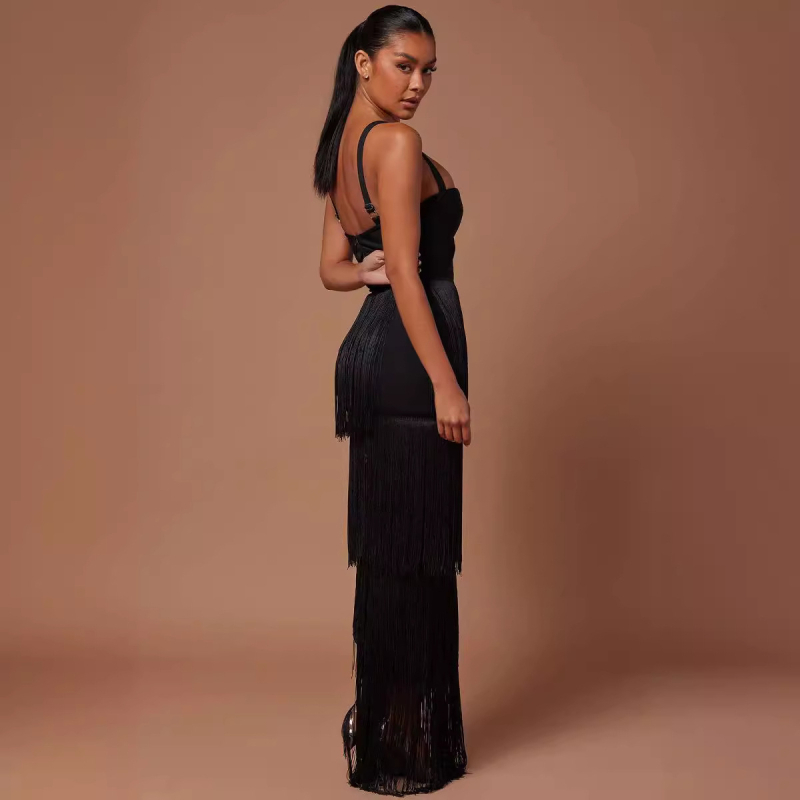 Rochie bandaj fără mâneci, cu ciucuri, lungă, tricotată, talie înaltă, lungime aproximativ 136 cm