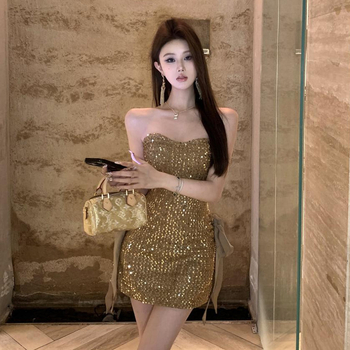 Rochie mini fără bretele, de tip tube-top, paiete, siluetă cu linie șolduri, poliester stretch, detalii colaj