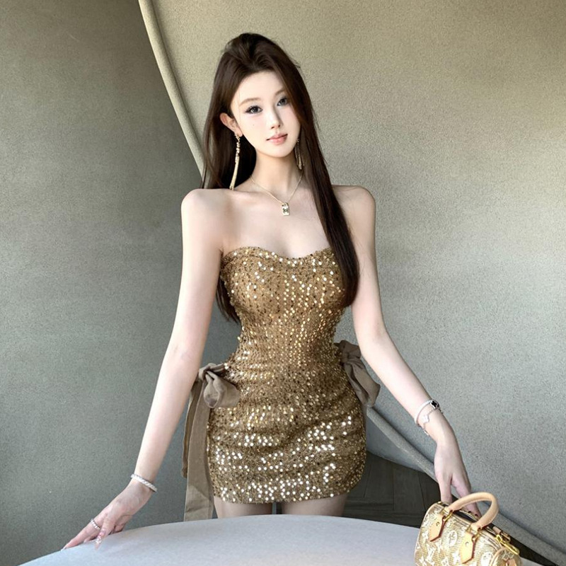 Rochie mini fără bretele, de tip tube-top, paiete, siluetă cu linie șolduri, poliester stretch, detalii colaj