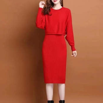 Dvije dijelni set od pletene haljine i džempera s ramenskim izrezom, midi duljina, mješavina polyester-viskoza, Core-Spun vlakno