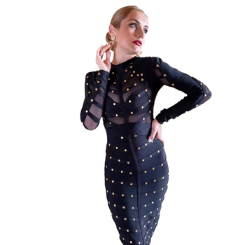 Rochie cu mâneci lungi, guler rotund, talie înaltă, croială creion, fermoar, material poliester-elastan