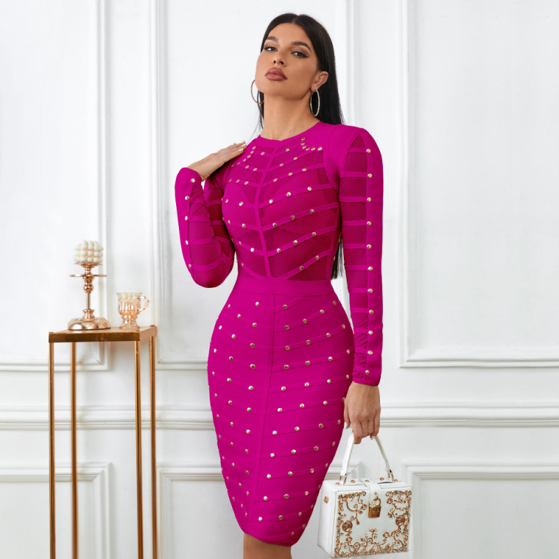 Rochie cu mâneci lungi, guler rotund, talie înaltă, croială creion, fermoar, material poliester-elastan