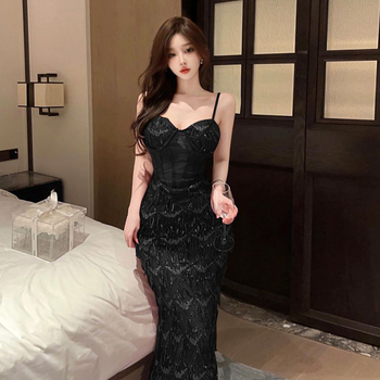 Rochie lungă fără mâneci, decolteu în V, talie înaltă, poliester extensibil