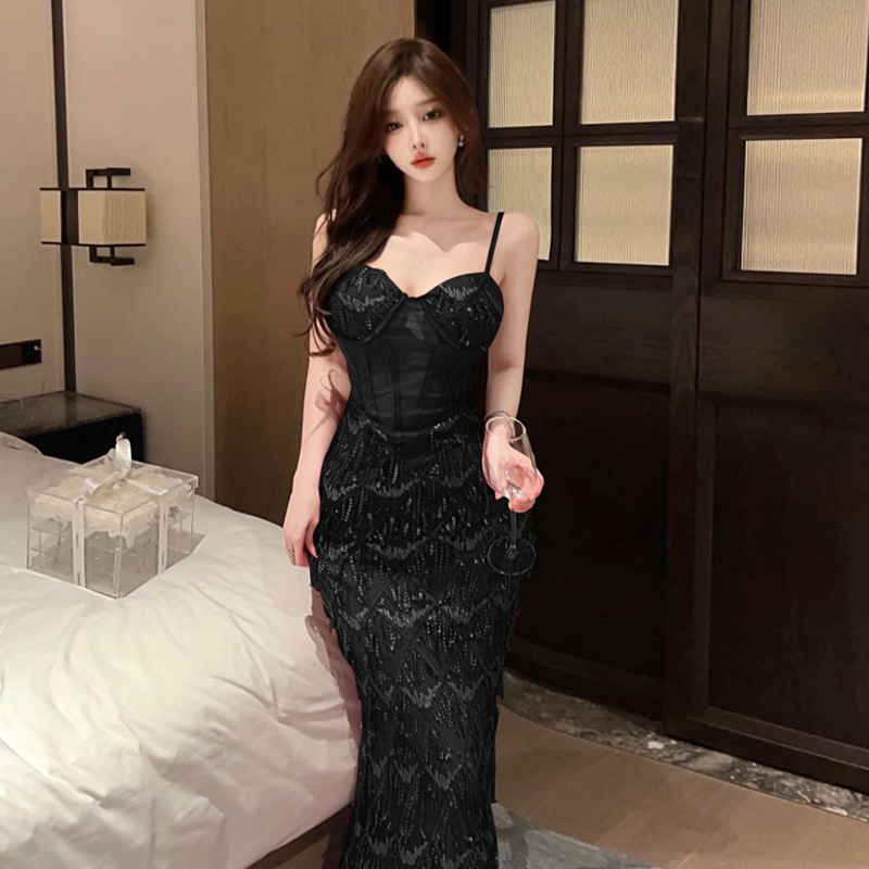 Rochie lungă fără mâneci, decolteu în V, talie înaltă, poliester extensibil