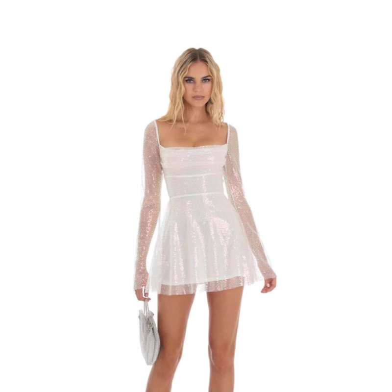 Haljina sa šljokicama i tankim trakama, elegantna, visokim strukom, kratka vila suknja, poliester, jednobojna