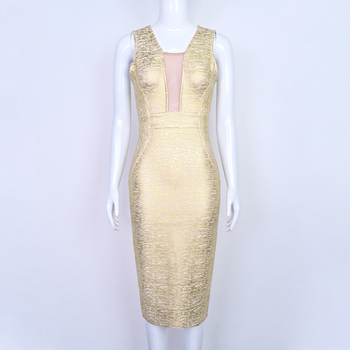 Aranyozott hálós bandázs ruha, ujjatlan, V-nyakú, magas derék, karcsú ceruza sziluett hátul hasítékkal, hossz kb. 110 cm