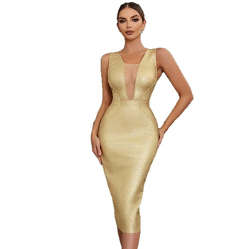 Aranyozott hálós bandázs ruha, ujjatlan, V-nyakú, magas derék, karcsú ceruza sziluett hátul hasítékkal, hossz kb. 110 cm