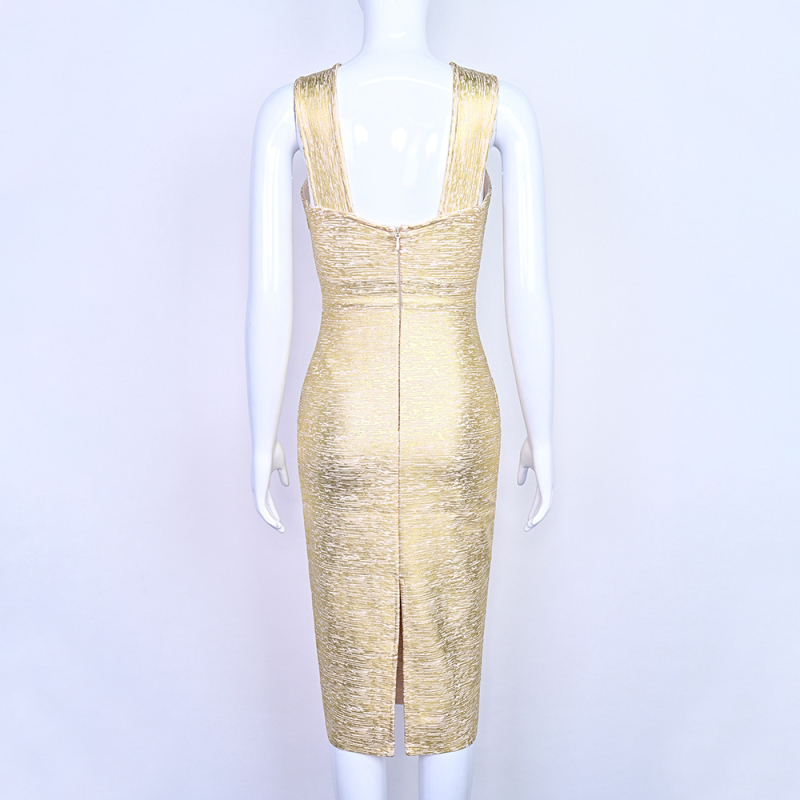 Aranyozott hálós bandázs ruha, ujjatlan, V-nyakú, magas derék, karcsú ceruza sziluett hátul hasítékkal, hossz kb. 110 cm