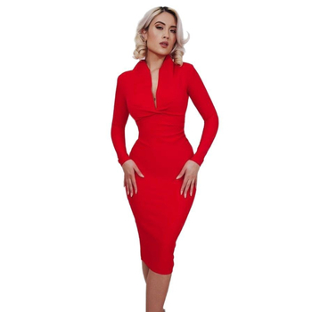 V-nyakú ruha, hosszú ujjú, magas derék, ceruzaruha fazon, középméretű hossz ~106 cm