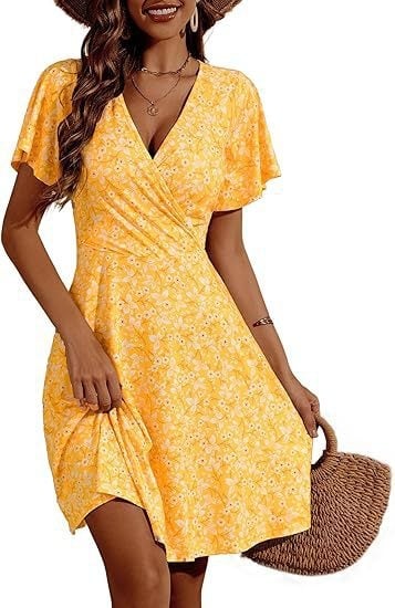 Női A-vonalú ruha V-nyakkal, rövid ujjú, virágminta, Milk Silk anyagú