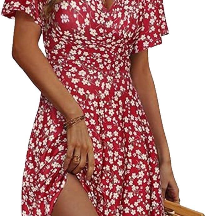 Női A-vonalú ruha V-nyakkal, rövid ujjú, virágminta, Milk Silk anyagú