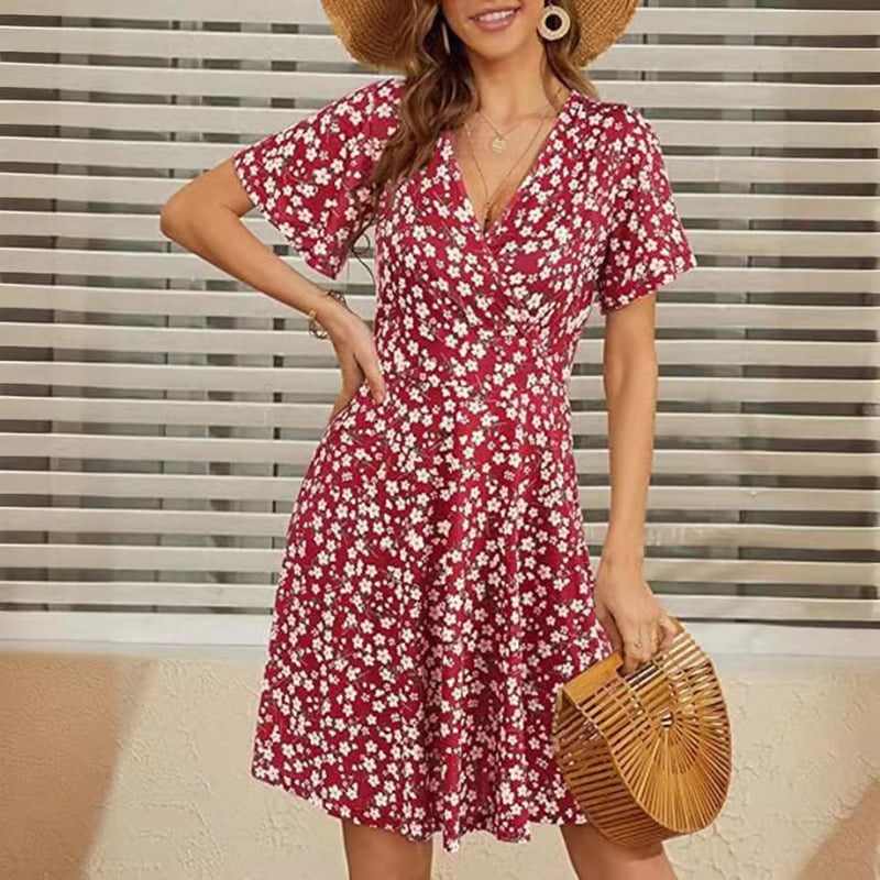 Női A-vonalú ruha V-nyakkal, rövid ujjú, virágminta, Milk Silk anyagú