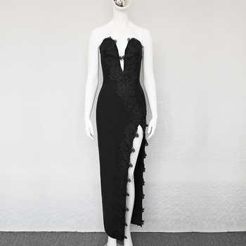 Ruha váll nélküli, csipkés virághímzéssel és hálós átlátszó panellel, magas derekú testhez simuló, anyag poliészter-spandex, cipzár