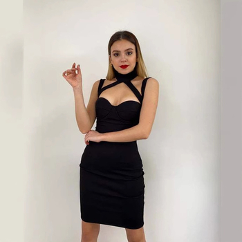 Bandázs ruha halternyakú, ujjatlan, testhezálló, midi hosszúságú, szabálytalan szoknya, cipzár