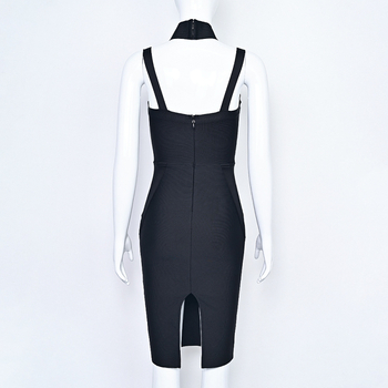 Bandázs ruha halternyakú, ujjatlan, testhezálló, midi hosszúságú, szabálytalan szoknya, cipzár