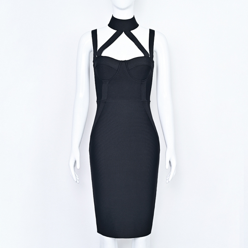 Bandázs ruha halternyakú, ujjatlan, testhezálló, midi hosszúságú, szabálytalan szoknya, cipzár