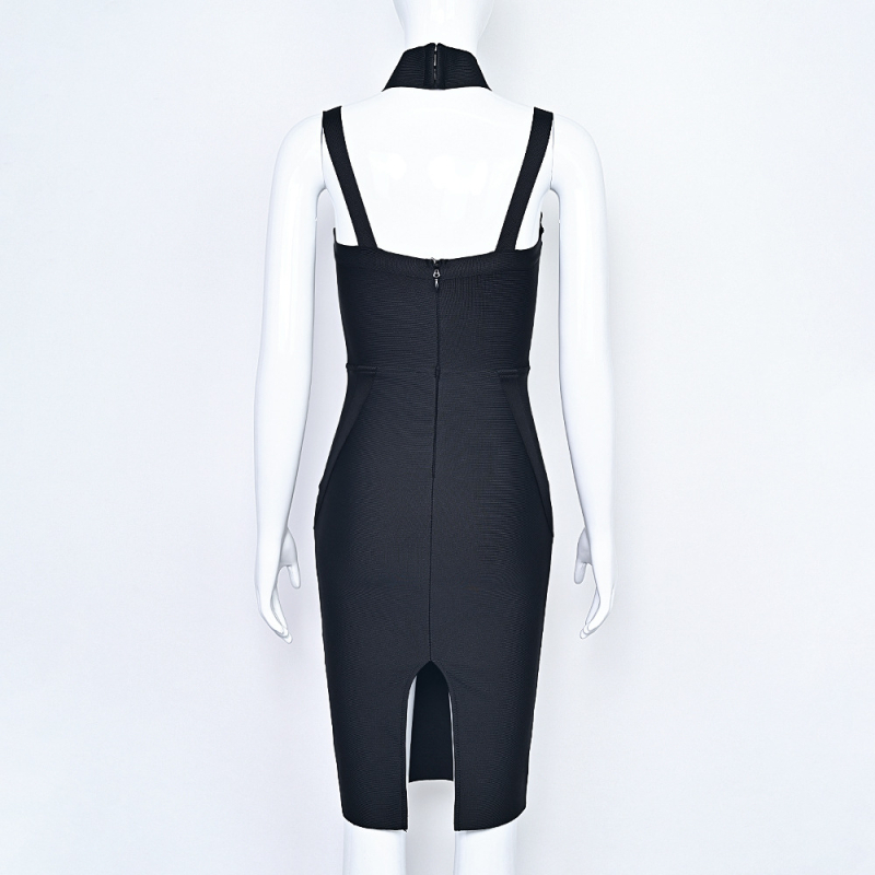 Bandázs ruha halternyakú, ujjatlan, testhezálló, midi hosszúságú, szabálytalan szoknya, cipzár