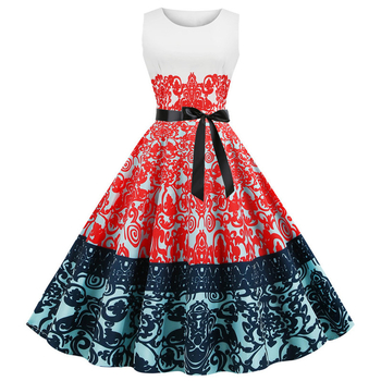 Hepburn-stílusú vintage mintás ruha, ujjatlan, midi hosszú, széles szoknyával (polies, nyomtatás; gallér: kerek nyak; ujj nélküli; midi)