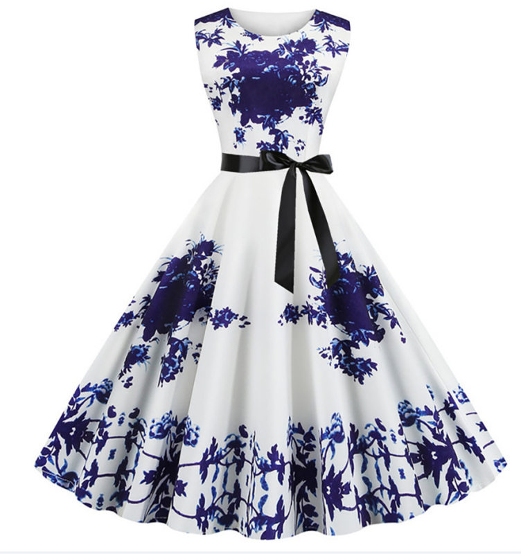 Hepburn-stílusú vintage mintás ruha, ujjatlan, midi hosszú, széles szoknyával (polies, nyomtatás; gallér: kerek nyak; ujj nélküli; midi)