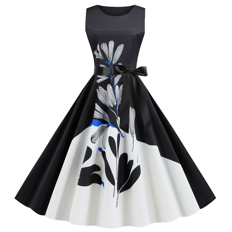 Hepburn-stílusú vintage mintás ruha, ujjatlan, midi hosszú, széles szoknyával (polies, nyomtatás; gallér: kerek nyak; ujj nélküli; midi)