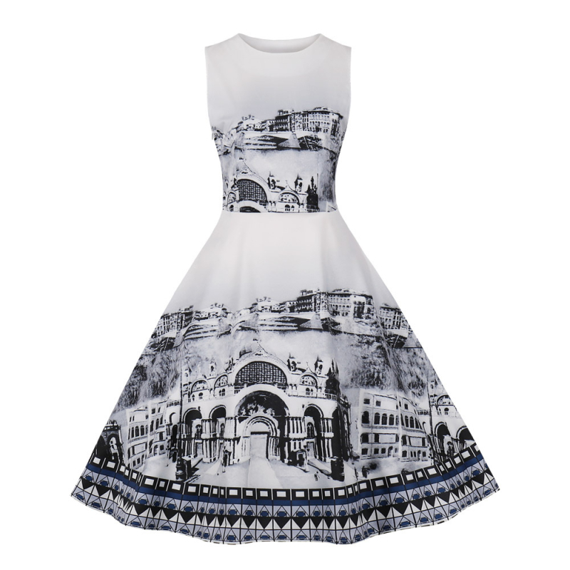 Hepburn-stílusú vintage mintás ruha, ujjatlan, midi hosszú, széles szoknyával (polies, nyomtatás; gallér: kerek nyak; ujj nélküli; midi)