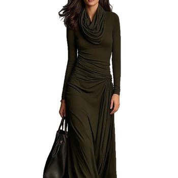 Elegáns ruha halter nyakkal és plisírozással, Ice silk wrinkled anyag, 95% poliészter, karcsú szabás